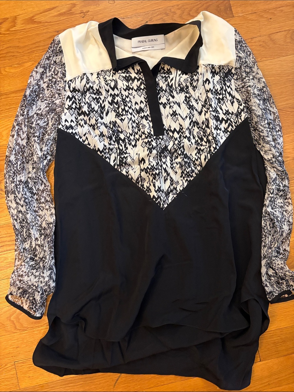 Prabal Gurung Black and White Mixed-Print Long-Sleeve Blouse